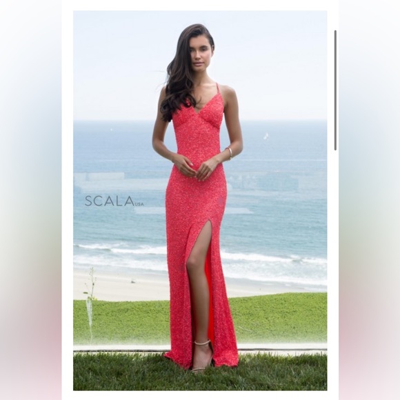 SCALA Neon Pink 60141 Sequin Prom Gown - Picture 1 of 5